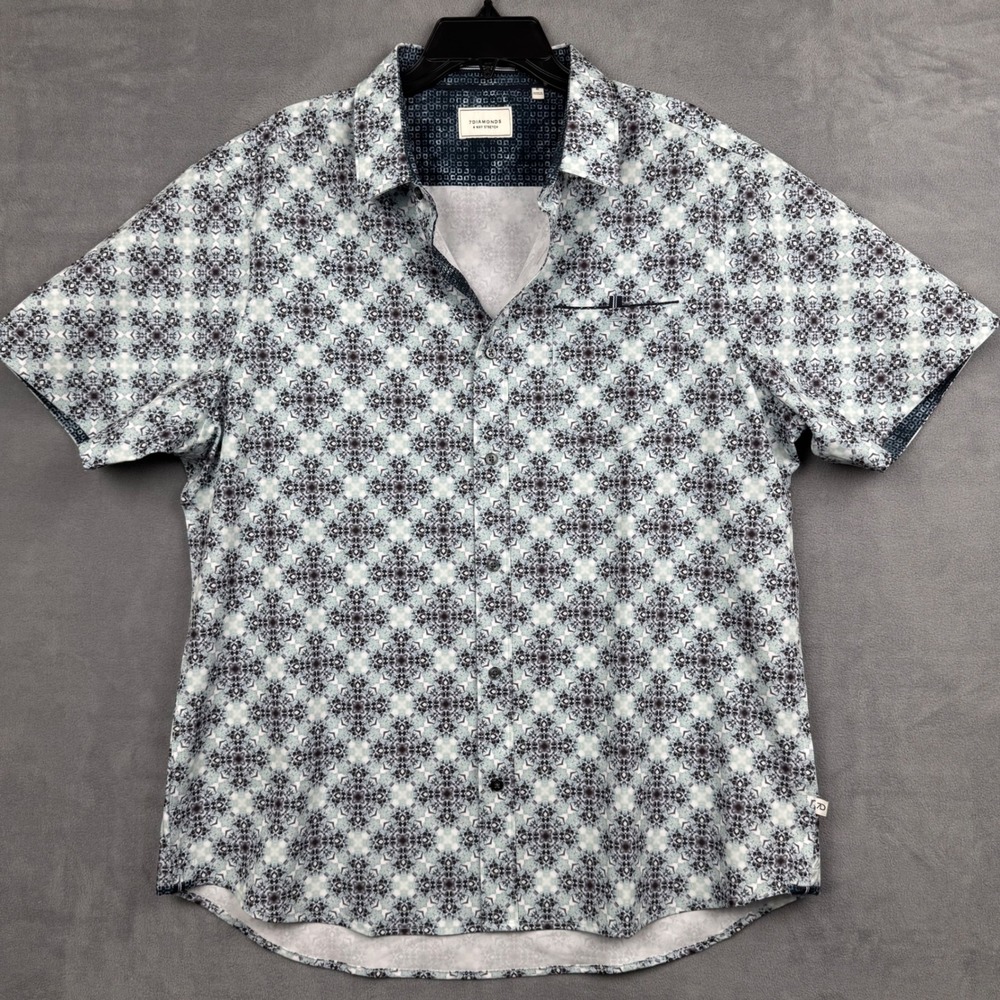 7 DIAMONDS Mens Pray 4 Love 4 Way Stretch Woven‎ Shirt XL Blue Geometric Pattern